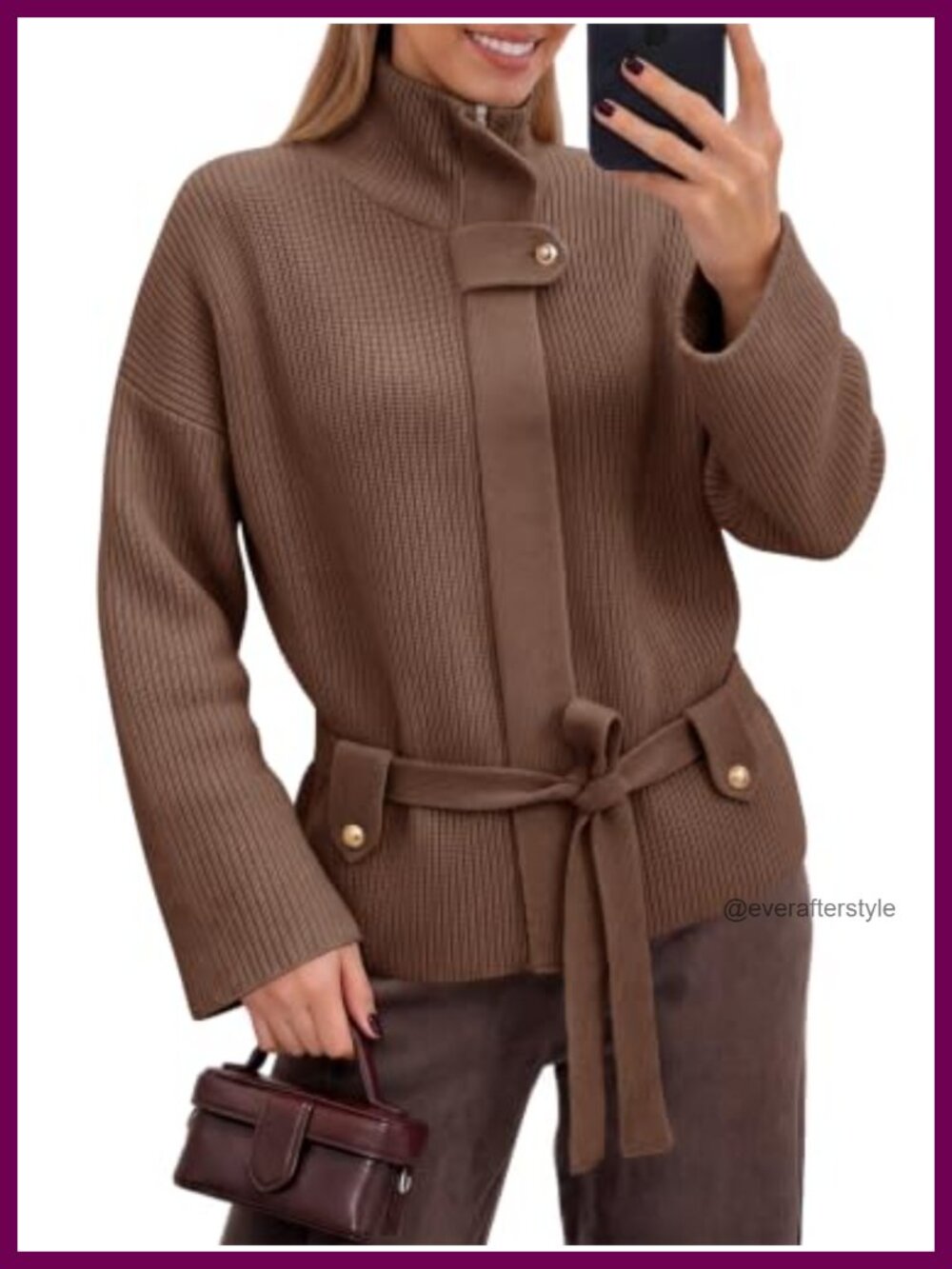 Ribbed Knit Zip Up Cropped Cardigan with Belted Tie Waist and Stand Collar
